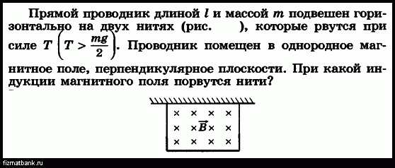 На рисунке изображен проводник массой m подвешенный на проводящих нитях